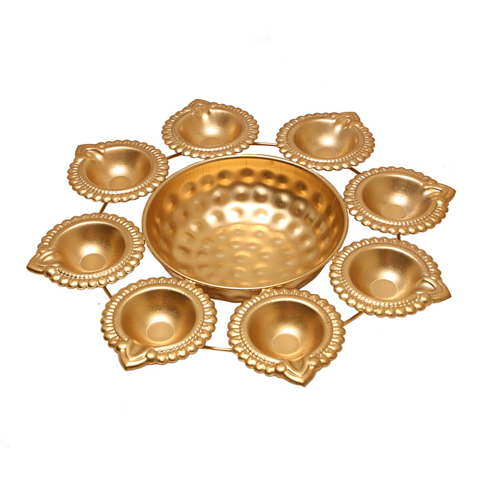 Metal Flower Pot - 1.5 x 10.5 Inches | Brass Polish Urli/ 9 Diya with Uruli for Pooja/ 270 Gms Approx - Uruli & Flower Pot