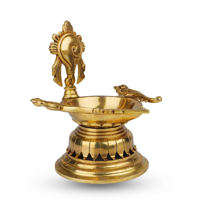 Shank Agal Deepam with Two Parrots - 9.5 x 8.5 Inches | Brass Lamp/ Vilakku for Pooja/ 2.640 Kgs Approx - Karthik Deep
