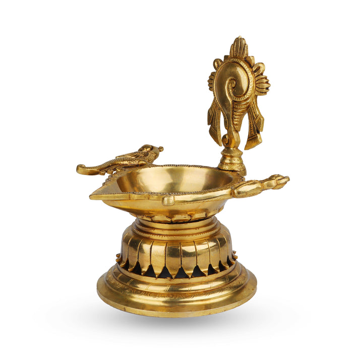 Shank Agal Deepam with Two Parrots - 9.5 x 8.5 Inches | Brass Lamp/ Vilakku for Pooja/ 2.640 Kgs Approx - Karthik Deep