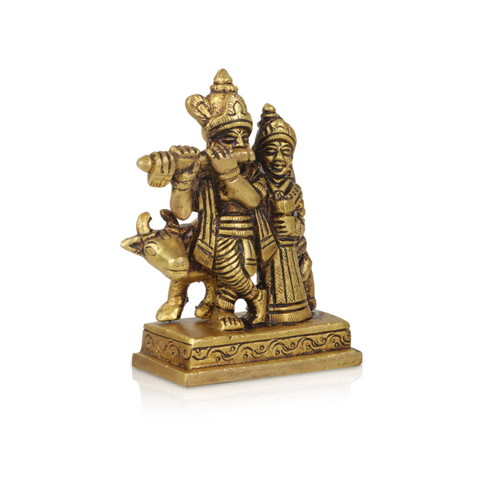Radha Krishna Idol - 3.5 Inches | Brass Idol/ Antique Radha Krishna with Cow Statue for Pooja/ 350 Gms Approx - Brass Murties