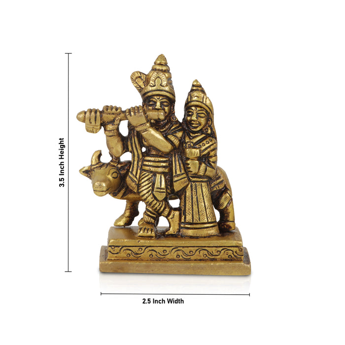 Radha Krishna Idol - 3.5 Inches | Brass Idol/ Antique Radha Krishna with Cow Statue for Pooja/ 350 Gms Approx - Brass Murties