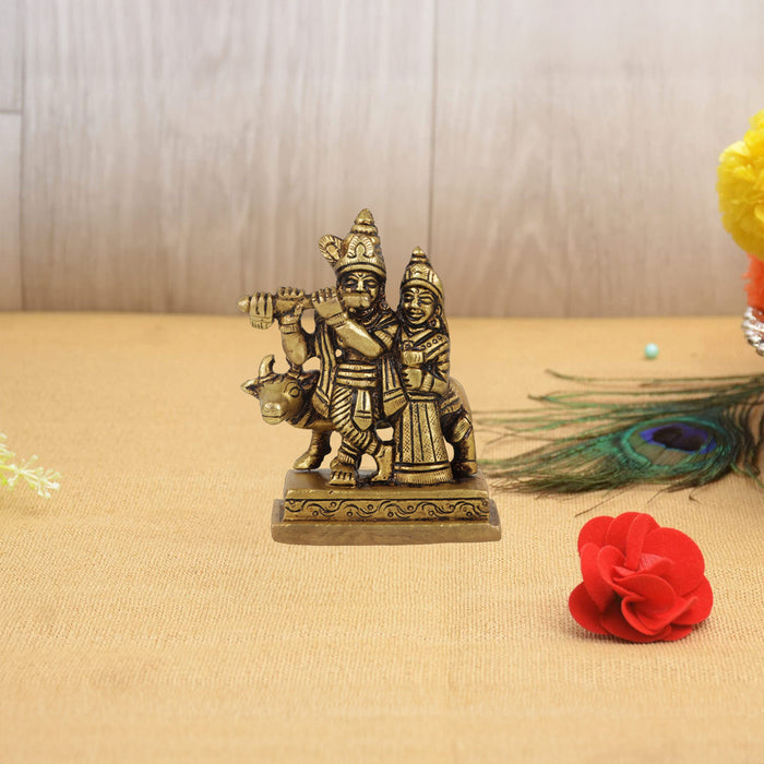 Radha Krishna Idol - 3.5 Inches | Brass Idol/ Antique Radha Krishna with Cow Statue for Pooja/ 350 Gms Approx - Brass Murties