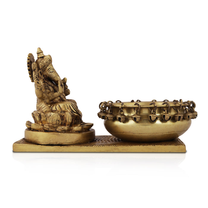 Ganesh Murti with Urli - 7 Inches | Antique Brass Statue/ Vinayagar Statue with Uruli for Pooja - Uruli & Flower Pot