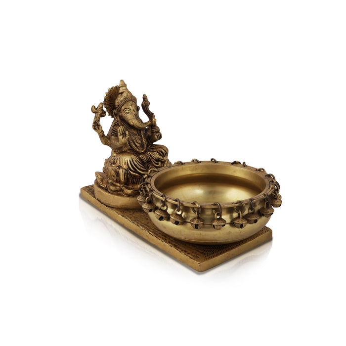 Ganesh Murti with Urli - 7 Inches | Antique Brass Statue/ Vinayagar Statue with Uruli for Pooja - Uruli & Flower Pot