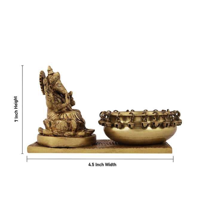 Ganesh Murti with Urli - 7 Inches | Antique Brass Statue/ Vinayagar Statue with Uruli for Pooja - Uruli & Flower Pot