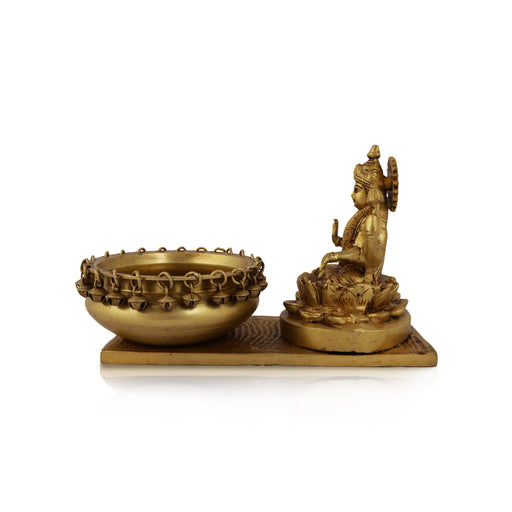 Lakshmi with Ghungroo Urli - 7 Inches | Antique Brass Uruli/ Brass Bowl with Laxmi Idol/ 3.735 Kgs Approx - Uruli & Flower Pot
