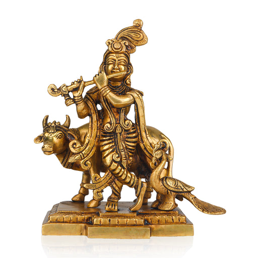 Krishna Statue - 8 Inches | Krishna Murti with Cow/ Brass Idol for Pooja/ 2.210 Kgs Approx - Brass Murties