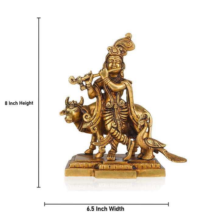 Krishna Statue - 8 Inches | Krishna Murti with Cow/ Brass Idol for Pooja/ 2.210 Kgs Approx - Brass Murties