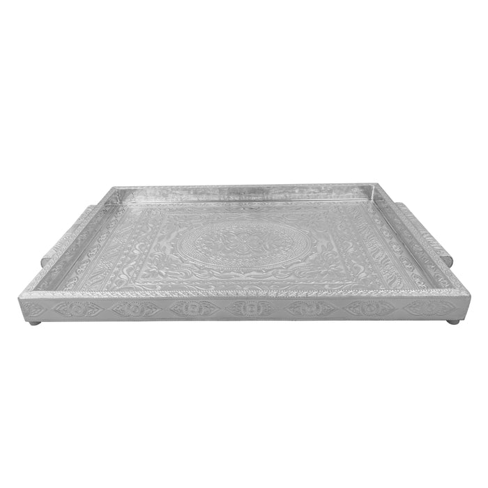 Serving Tray | Silver & Gold Finish/ Aluminium Pooja Plate/ Meenakari Thali Plate for Home