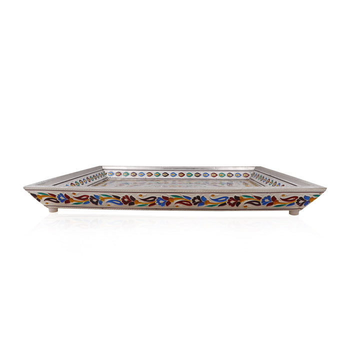 Serving Tray - 1.75 x 16 Inches | Silver & Gold Finish Plate/ Pooja Thali/ Meenakari Plate for Home