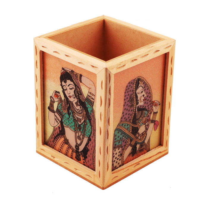 Wooden Pen Stand - 3 x 4 Inches | Decorative Pen Stand/ Gem Stone Painting Pen Holder for Home - Stationery