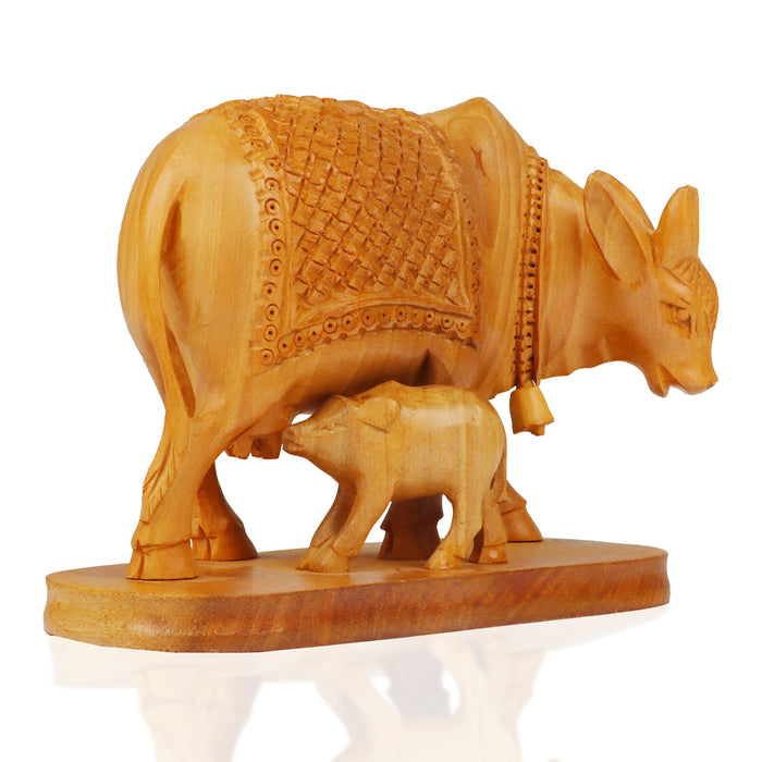 Kamadhenu Statue - 4 Inches | Cow and Calf Statue/ Wooden Kamadhenu Idol for Home - Table Stand Accessories