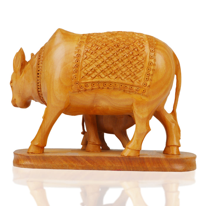 Kamadhenu Statue - 4 Inches | Cow and Calf Statue/ Wooden Kamadhenu Idol for Home - Table Stand Accessories