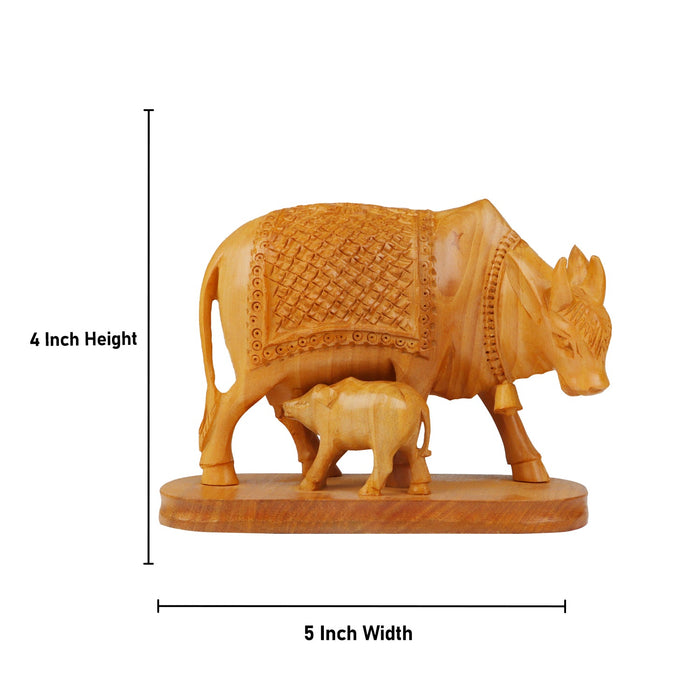 Kamadhenu Statue - 4 Inches | Cow and Calf Statue/ Wooden Kamadhenu Idol for Home - Table Stand Accessories