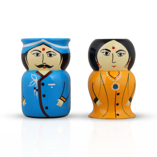 Pen Stand Set - 4 Inches | 2 Pcs/ Wooden Pen Holder/ Raja Rani Design Pen Stand for Desk - Stationery