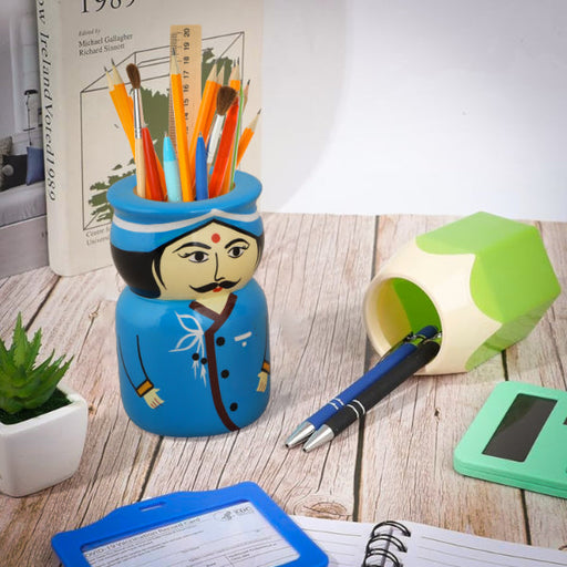 Pen Stand Set - 4 Inches | 2 Pcs/ Wooden Pen Holder/ Raja Rani Design Pen Stand for Desk - Stationery