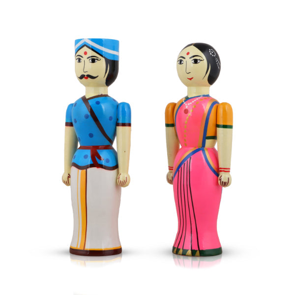 Raja Rani Pair - 10 Inches | 2 Pcs/ Wooden Statue/ Golu Doll for Home Decor - Kondapalli Wooden Toys