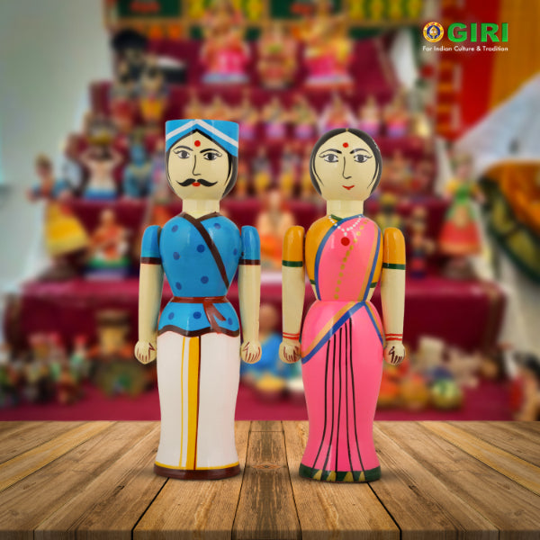 Raja Rani Pair - 10 Inches | 2 Pcs/ Wooden Statue/ Golu Doll for Home Decor - Kondapalli Wooden Toys