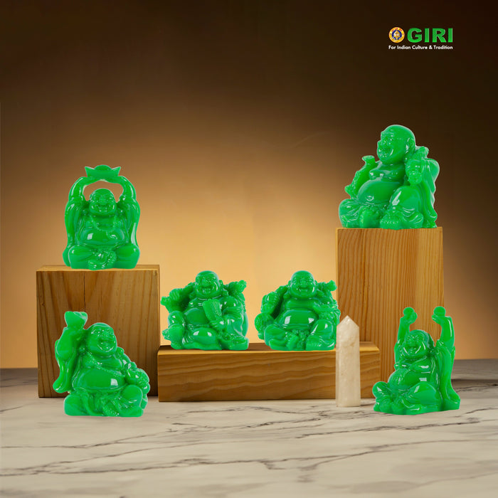 Laughing Buddha Set | 6 Pcs/ Green Resin Happy Man/ Budai Idol for Home Decor
