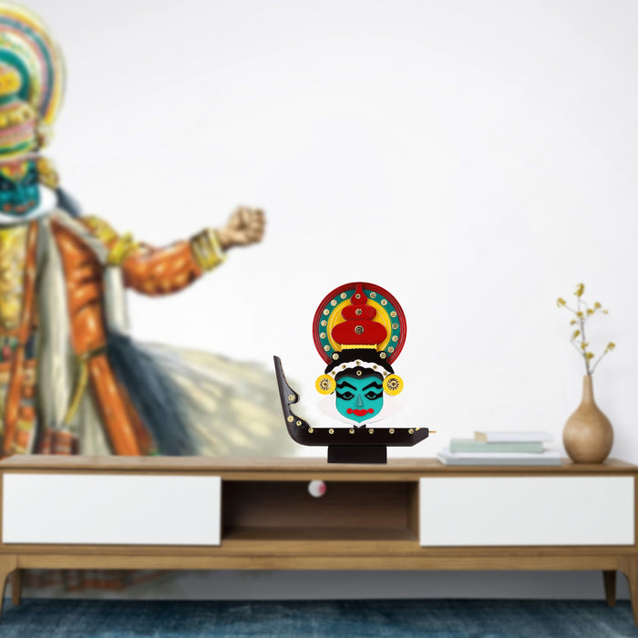Kathakali Face with Boat Statue | Wooden Kathakali Face/ Kathakali Face Paint for Home Decor