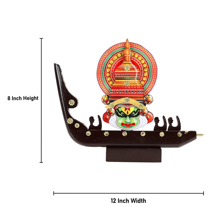 Kathakali Face with Boat Men Statue - 8 Inch | Kathakali Face Paint/ Wooden Kathakali Face for Home Decor - Table Stand Accessories
