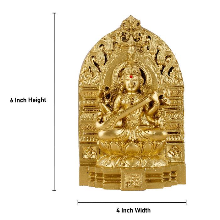 Saraswati Murti - 6 Inches | Resin Saraswati with Arch Idol/ Brass Polish Saraswati Maa Murti for Pooja