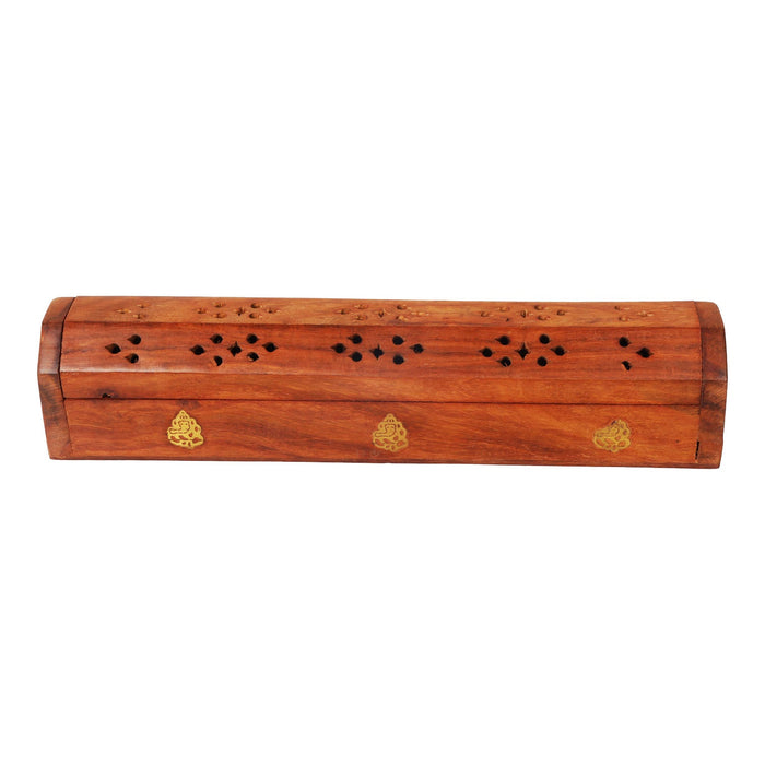 Agarbathi Box - 2.5 x 12 Inches | Ganesha Om Inlaid Incense Stick Holder/ Wooden Dhoop Holder for Pooja