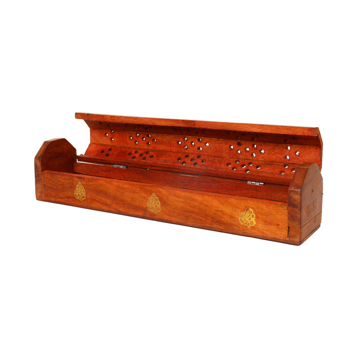 Agarbathi Box - 2.5 x 12 Inches | Ganesha Om Inlaid Incense Stick Holder/ Wooden Dhoop Holder for Pooja